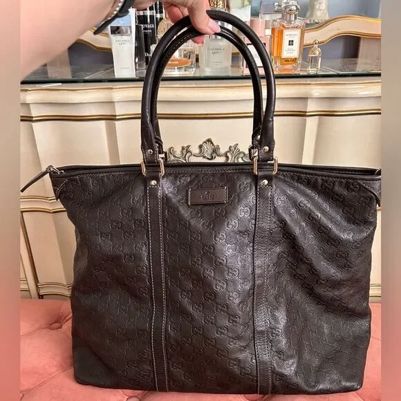 GUCCI Guccissima GG Auth Commuter Tote Brown Leather Unisex EUC - Picture 2 of 14